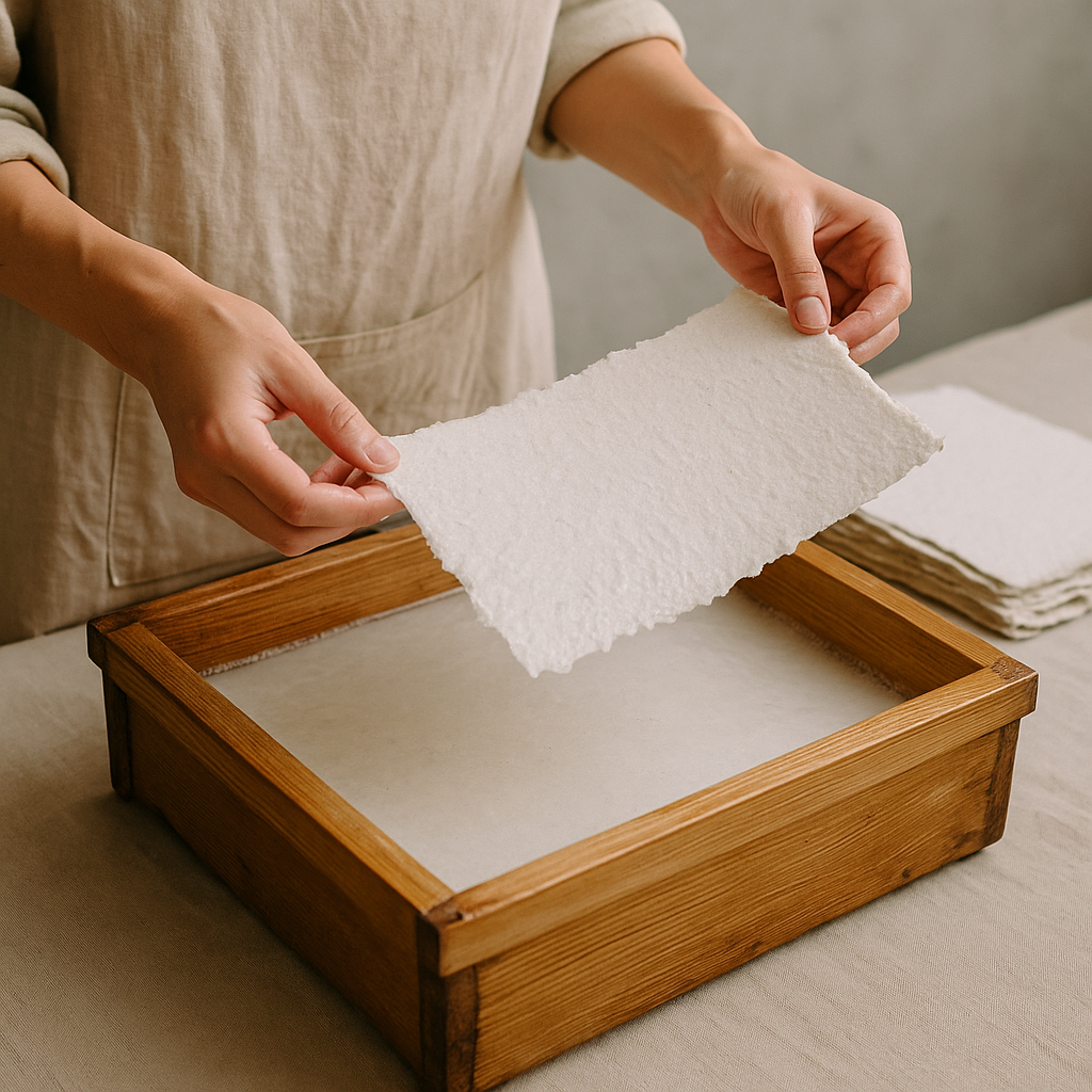 Manos levantando una hoja de papel artesanal recién hecha desde un marco (deckle)