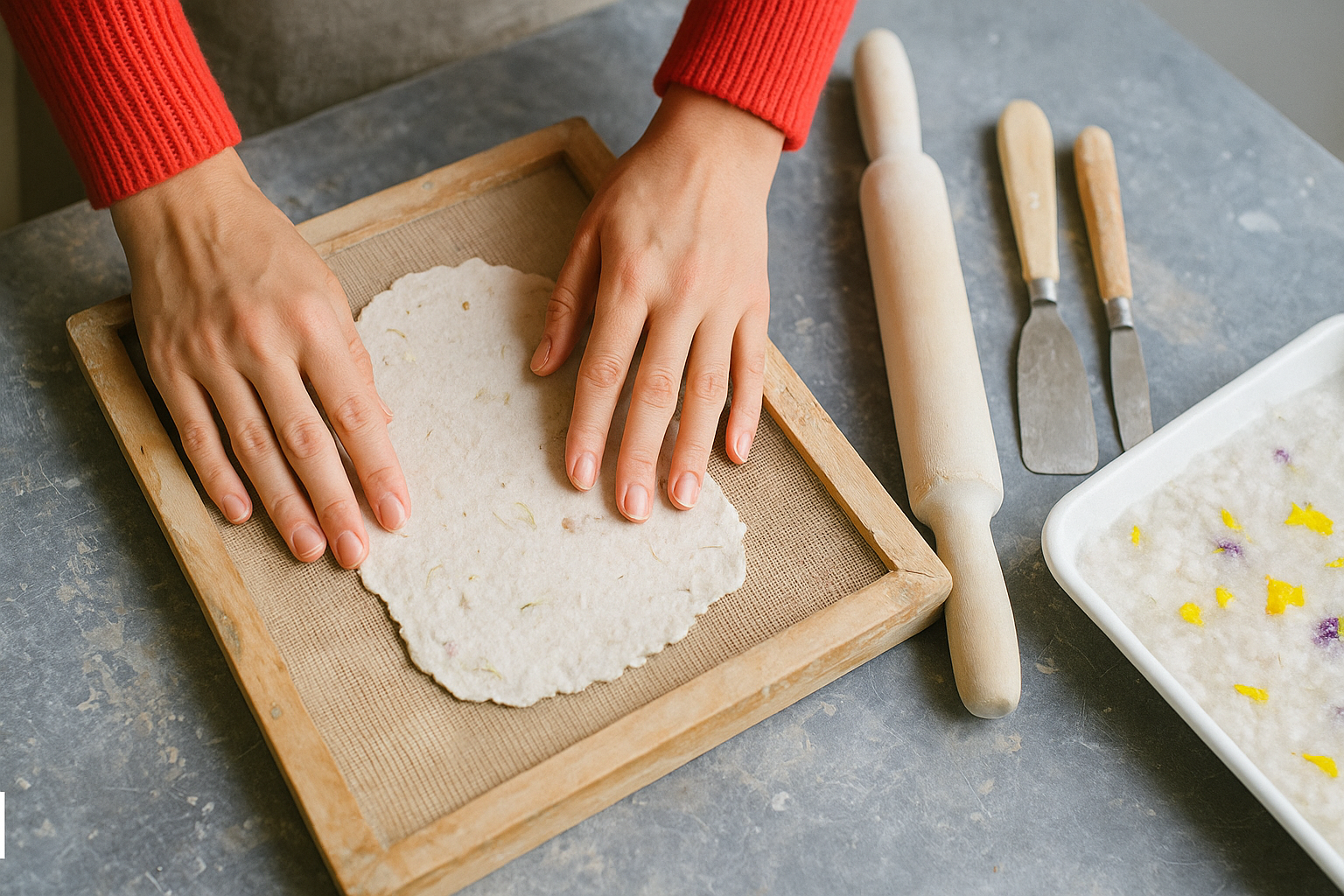 Manos levantando una hoja de papel artesanal recién hecha desde un marco (deckle)